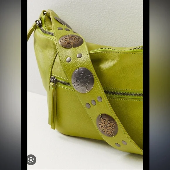 Free People Wilder Embellished Sling Bag Pebbled Leather Concho Strap Lime NWT - Picture 2 of 3